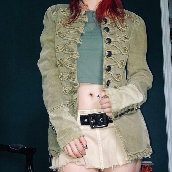 Free People Denim Seamed and Structured Military Jacket Buttons Olive Green XS - Picture 2 of 11